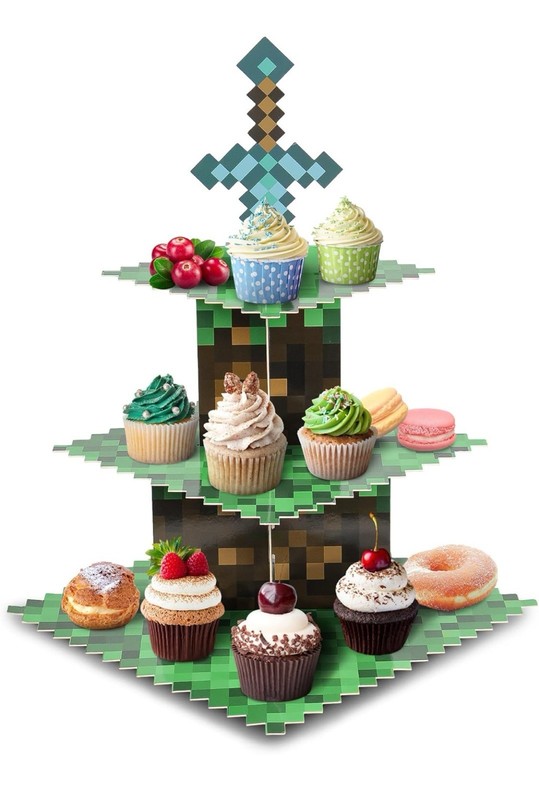 Pixel Game Style Cupcake Holder 3-Tier Cardboard Stand Dessert Tower