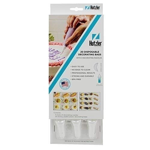 Hutzler Disposable Cake Decorating Bags with Tips Set, 20 Bags & 3 Nozzles