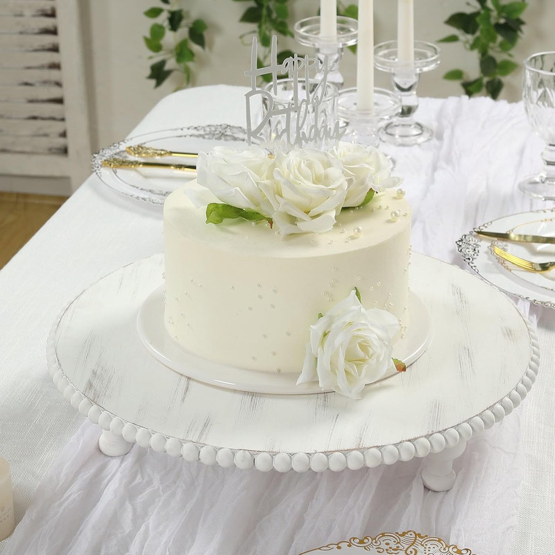 16" Antique White Beaded Wooden Cake Stand - Rustic Farmhouse Pedestal Riser for gallery
