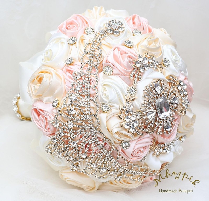 Mhojpik Bridal Wedding Bouquet Round Bling Brooch Holding Bouquet Artificial gallery