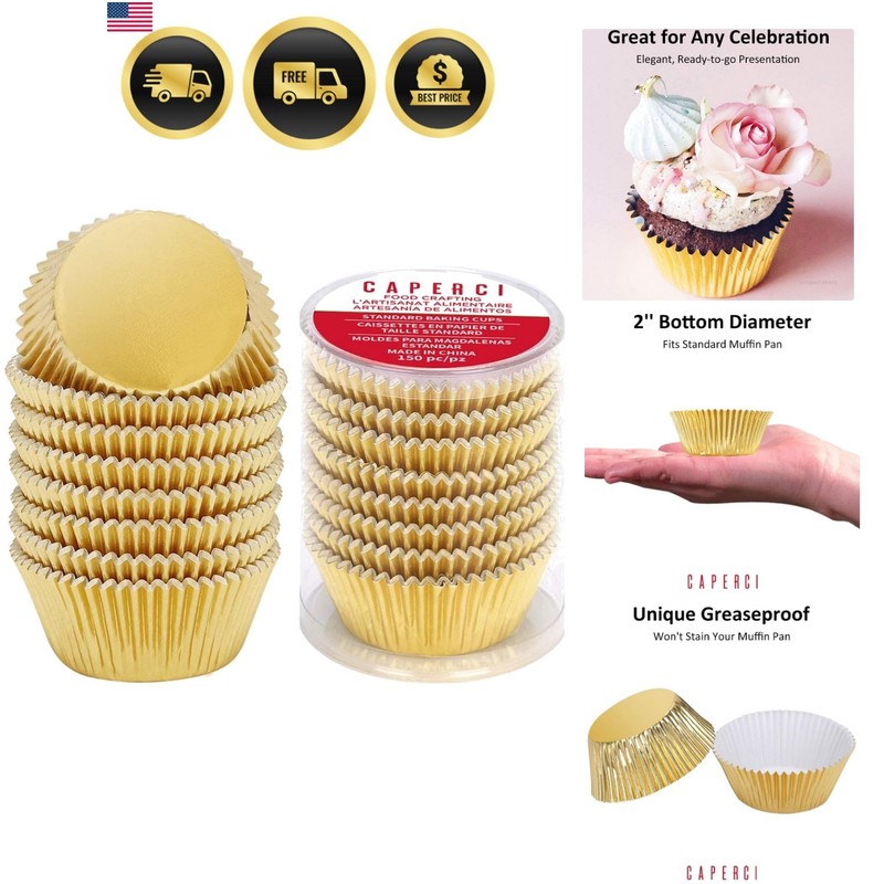 Standard Cupcake Liners Gold Foil Muffin Baking Cups 150-Pack – Greaseproof …
