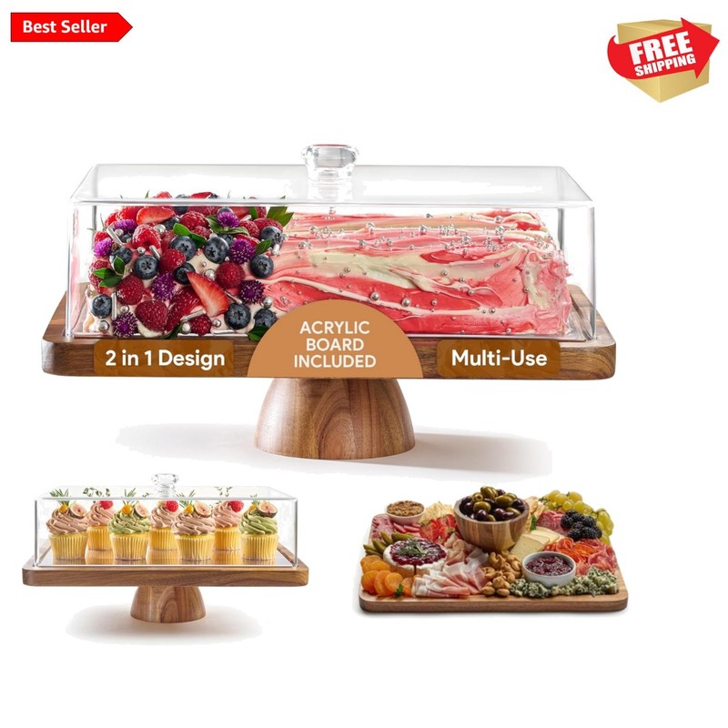 Rectangular Acacia Wood Cake Holder with Shatterproof Dome – Perfect for Events
