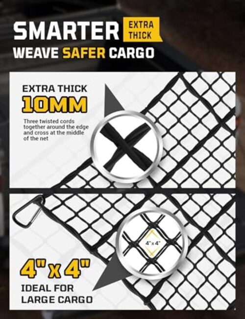 Cargo Net for Pickup Truck Bed - Stretchable 4' x 6' to 8' x 12' with 4" x 4" gallery