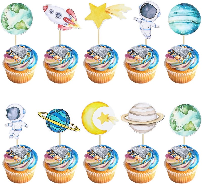 36Pcs Space Astronaut Cupcake Toppers Planet Rocket Spaceship Trip to the Moon