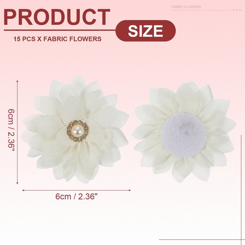 15Pcs 2" Fabric Flowers Rhinestone Pearls Sewing Fabric Flowers White gallery