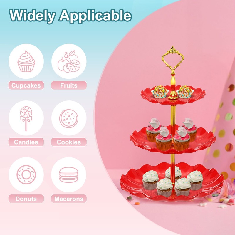 2Pcs 3-Tier Cupcake Stand Holder, Plastic Tiered Serving Dessert Tower, Red gallery