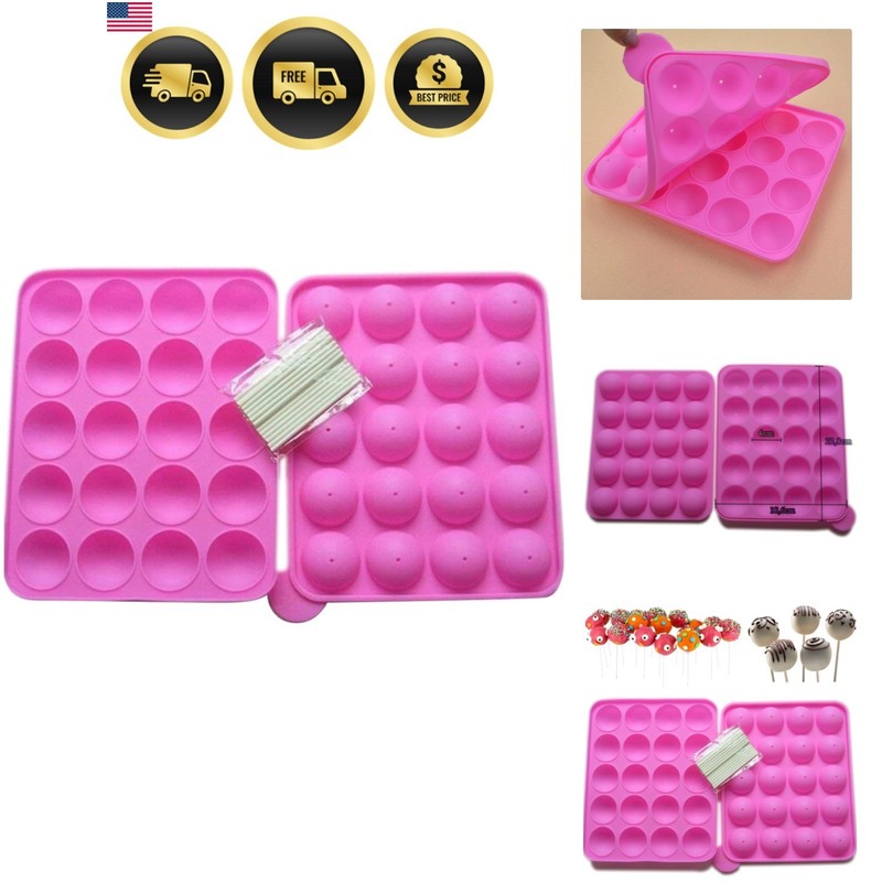 Silicone Cake Mold 20 Cavity Half Circle Lollipop Cupcake Baking Mold Pink