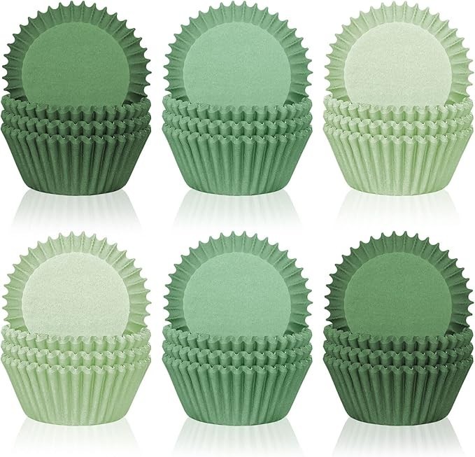 600 green cupcake liners, in sage green, dark green, and light green