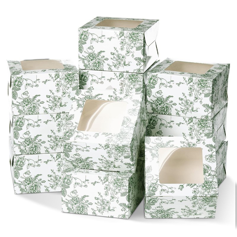 50 Pack Sage Green Floral Cookie Boxes with Window, Chinoiserie Small Bakery …