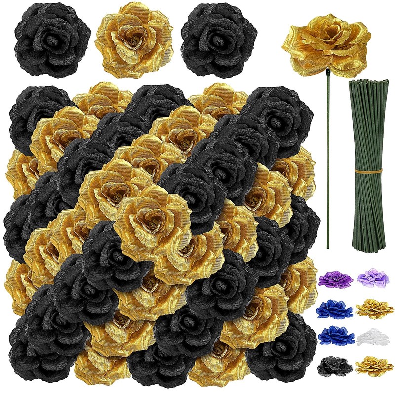 108 Black & Gold Rose Heads w/ Stems – Graduation Wedding Artificial Flowers