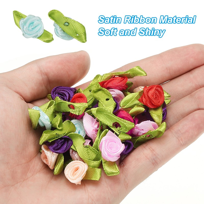 Mini Ribbon Roses, 200 Pcs Satin Fabric Flowers with Green Leaves, Light Blue gallery