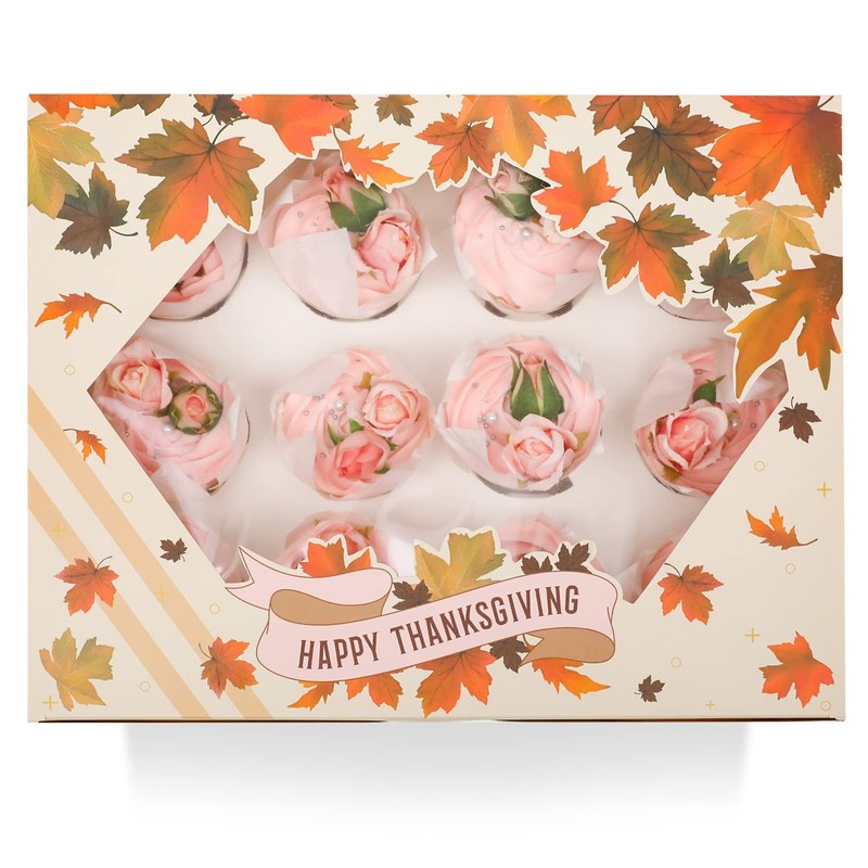 16-Pack 13x10x3.5 inch Thanksgiving 12-Cupcake Boxes with Window Carrier