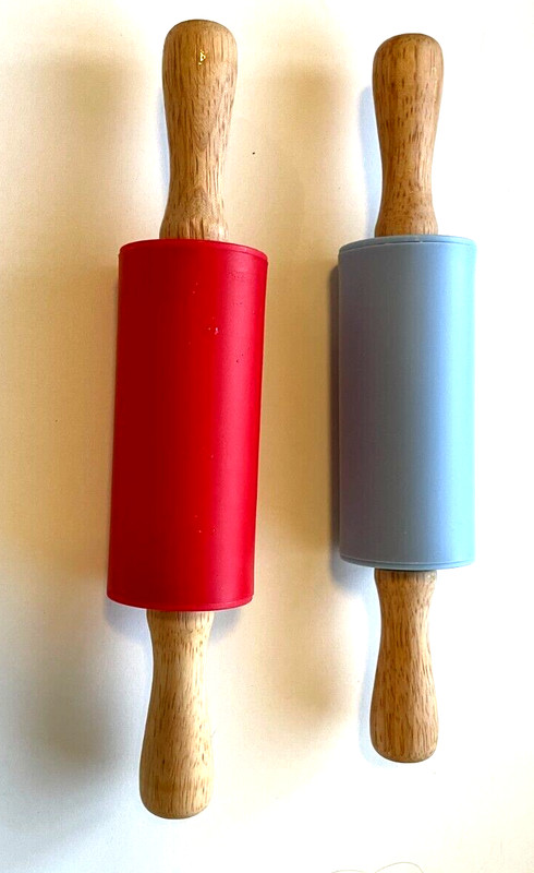 2 Pack Mini Rolling Pins For Kids or Dumplings Wooden Handle Silicone Center Set
