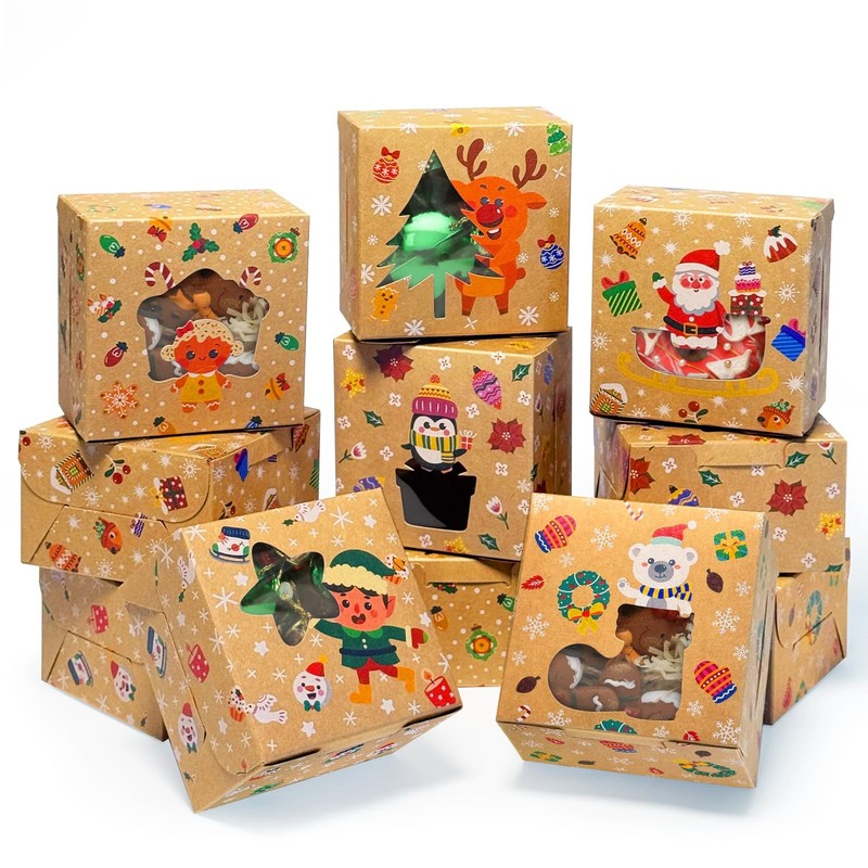 Christmas Bakery Boxes 60 PCS 4x4x2.5 Inch Mini Cookie Box With Window