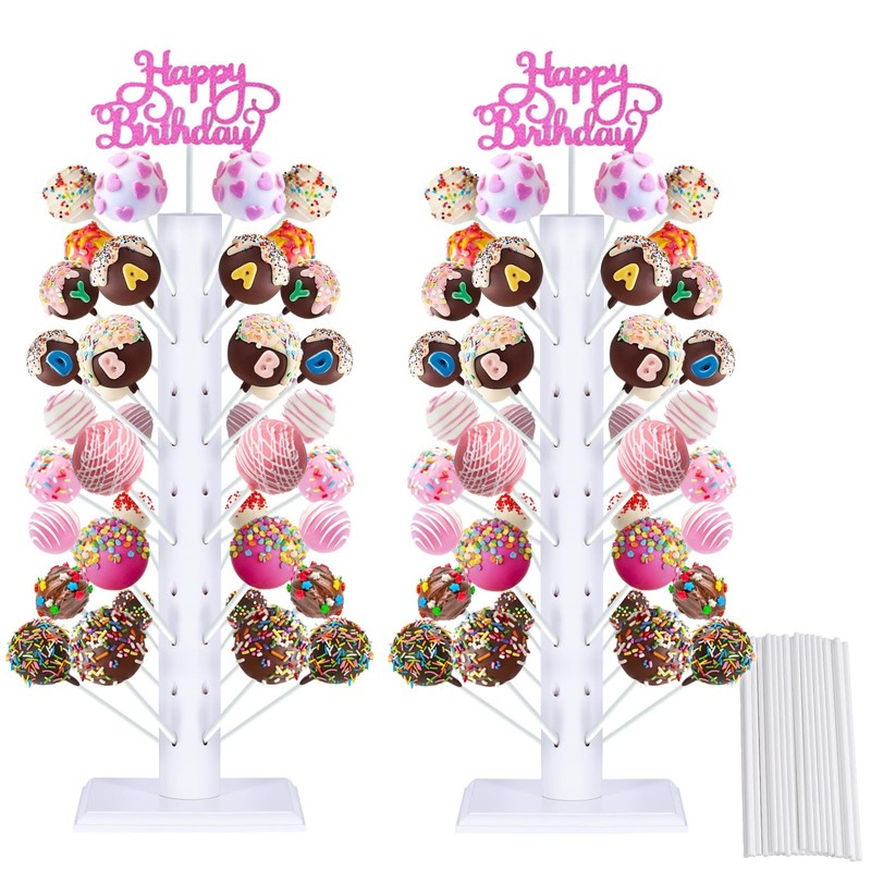 Wooden Cake Pops Stand 60 Hole Lollipop Tree Holder With Sticks 2 PCS
