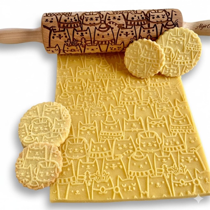 HAPPY CATS Embossing Rolling Pin. Dough and Clay Roller for Embossed Cookies …