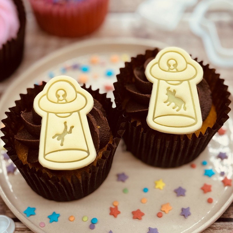 Alien Abduction Mini Cookie Cutter + Stamp Set – UFO Abducts Cow & Man Designs gallery