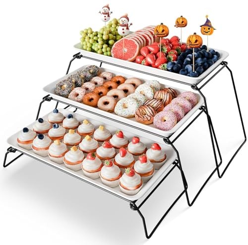 Extra Large 3-Tier Melamine Serving Tray Set and Cupcake Stand 17″ x 8.7″ Black