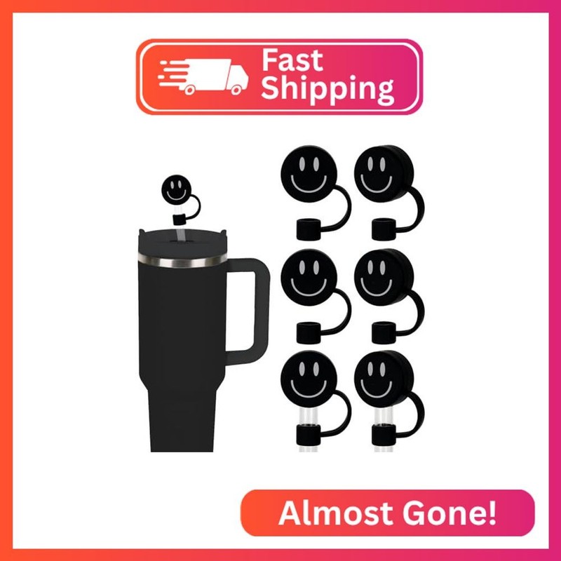 Whaline 6 Pcs Black Smile Face Straw Covers 0.4 Inch Silicone Reusable Round Str