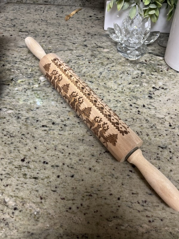 Rolling Pin Christmas Trees Reindeer Embossing all wood/ vtg. Carved wood