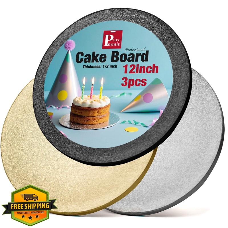 Paremmin 12″ Round Cake Boards 3pc Silver Gold Black 1/2″ Thick