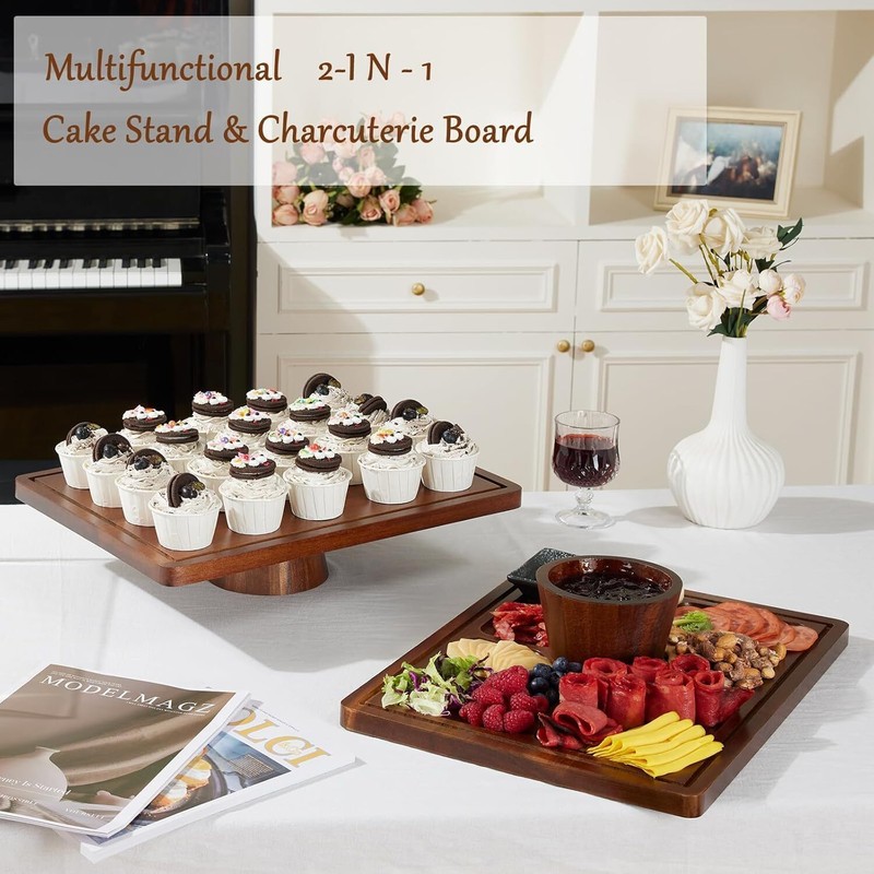 Cake Stand with Lid - Acacia Wooden Cake Stand, 2-in-1 Shatterproof Serving Tray gallery