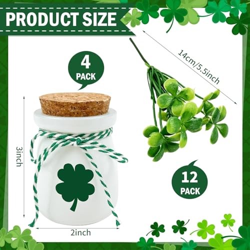 4 Pcs St Patricks Day Mini Jars with Artificial Shamrock MIni Vase Fake gallery