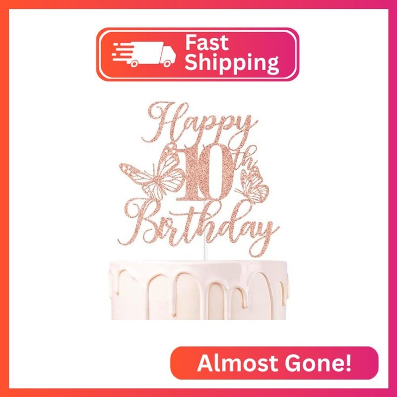 Rose Gold Glitter Happy 10th Birthday Cake Topper, Butterfly Happy 10th Birthday