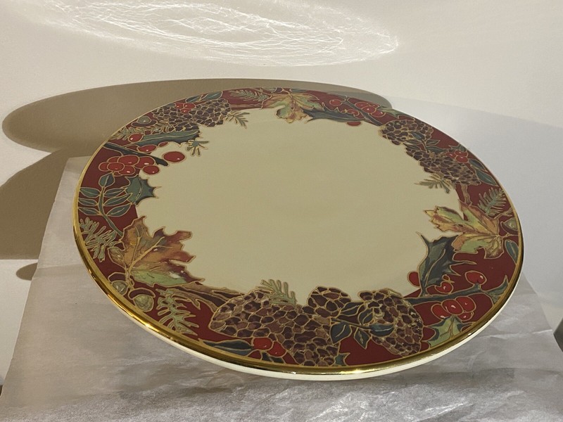 Vintage F.giorgi By Ceramica Pedestal Cake Stand Crimson Wreath Gold Trim PO gallery