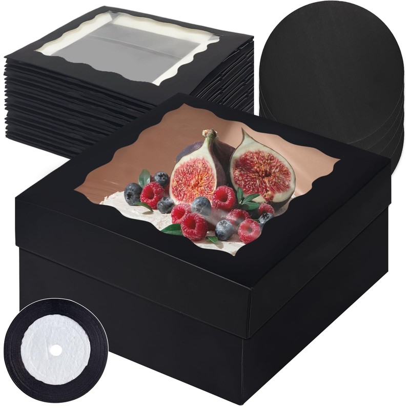 12x12x6 Cake Box 18 Sets Black Cake Box with Window ＆ 18 Sets 8″ Cake Round B…