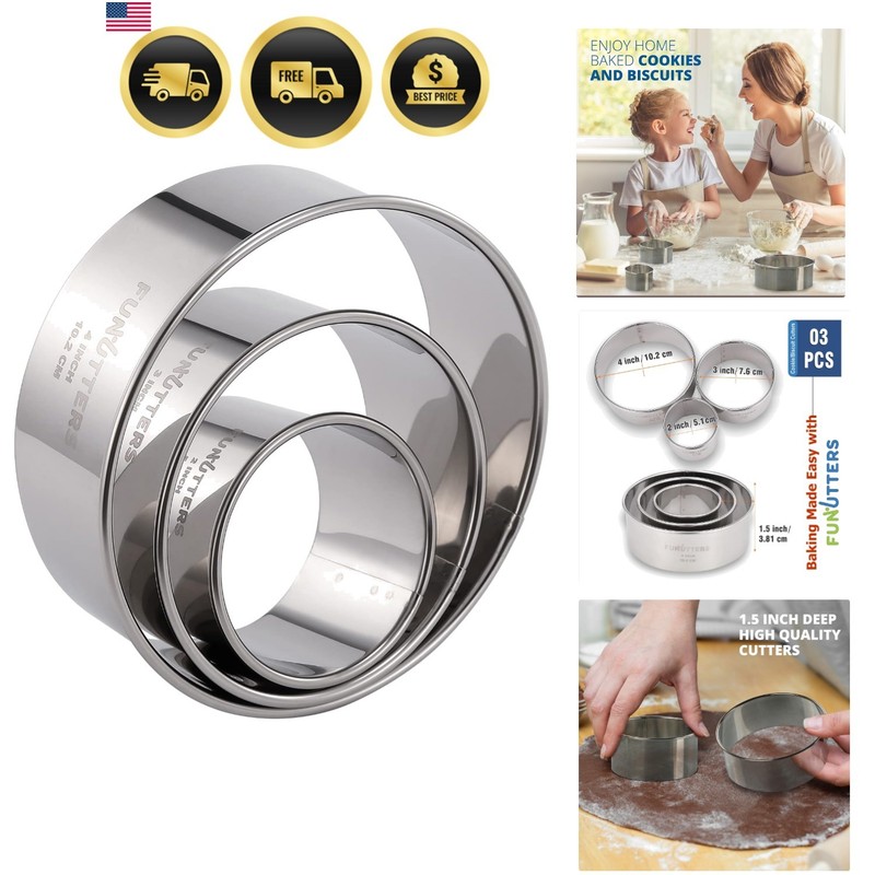 Cookie Cutter Set 3 Piece Stainless Steel Round Baking Rings for Pastry Biscuits