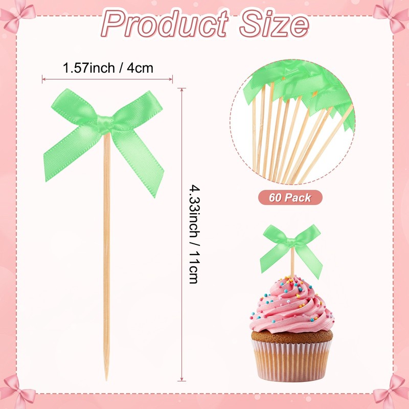 60Pcs Bow Cupcake Toppers Ribbon Bow Cake Toppers for Cupcake Decor[Fruit Green] gallery
