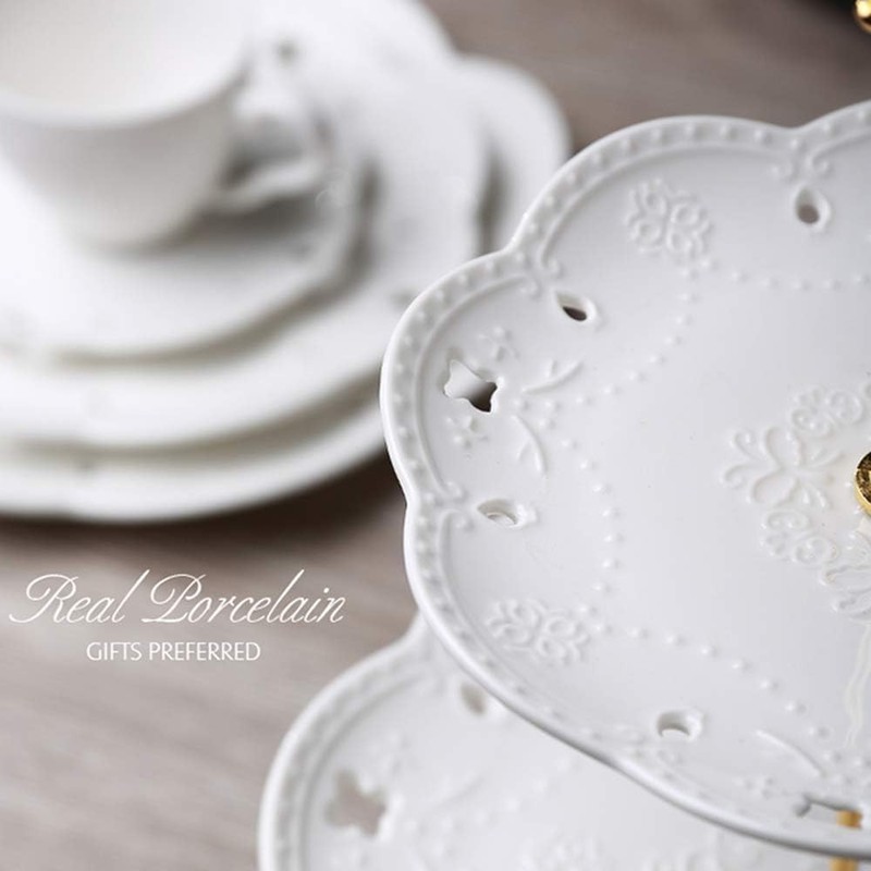 3-Tier Porcelain Cupcake Stand Serving Tray White Embossed Elegant Dessert Cake gallery