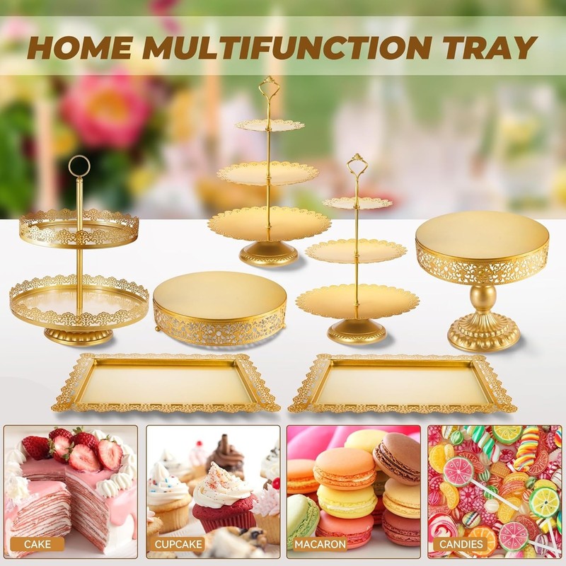 Sturdy Gold Tiered Cake Stand Set with Lace Design - 11 Pieces gallery