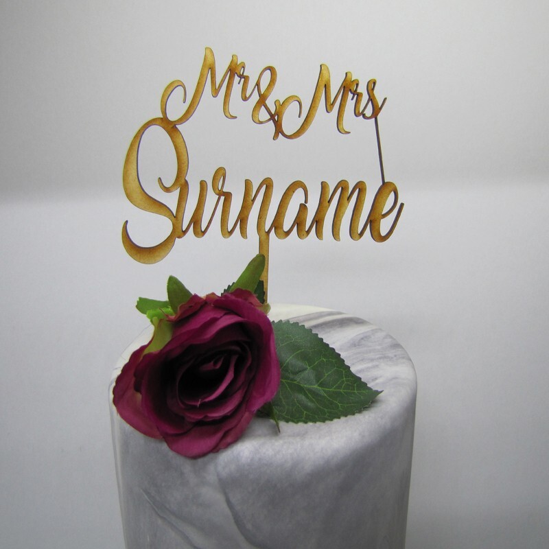 Wooden MDF Laser Cut Mr & Mrs with Your Surname Wedding Cake Topper
