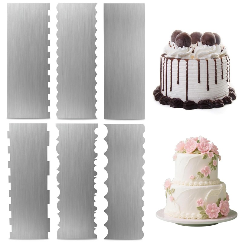 8.6 Inch Metal Cake Scraper, 6 Pack Double Sided Contour Patterned Edge Smoot…
