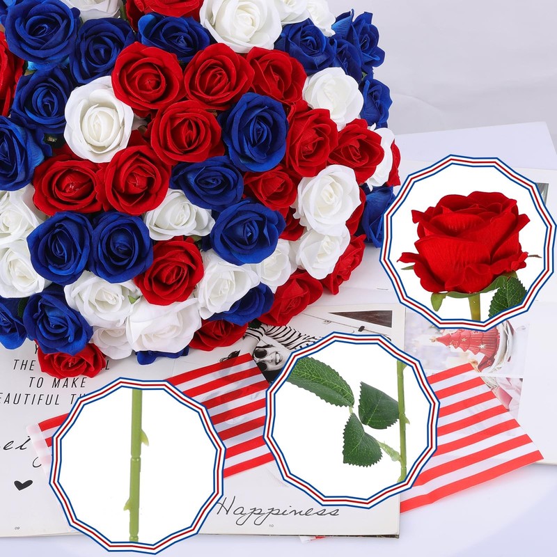 Hananona 50 Pcs Artificial Roses in Bulk, 8 x 5 x 14 inches, Red, White, Blue gallery