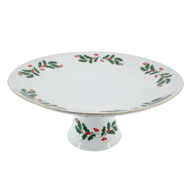 Vtg INTERPUR Christmas Holly Holiday Cake Plate Stand Pedestal Porcelain Gold