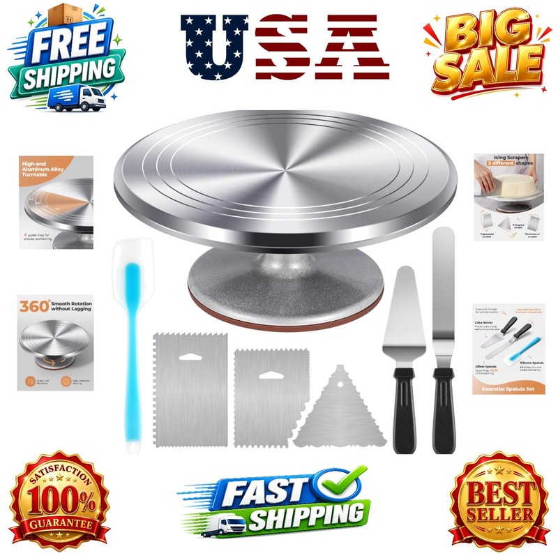 Aluminium Cake Turntable Set, Baking Tools with Revolving 12″ Cake Stand for …