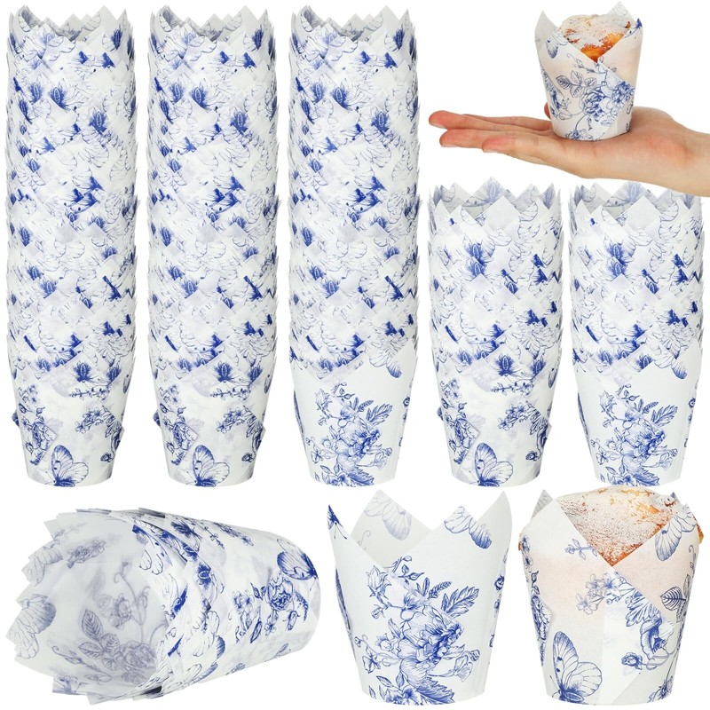 Gerrii 200 Pcs Chinoiserie Blue White Flower Tulip Cupcake Liners Paper Mini …