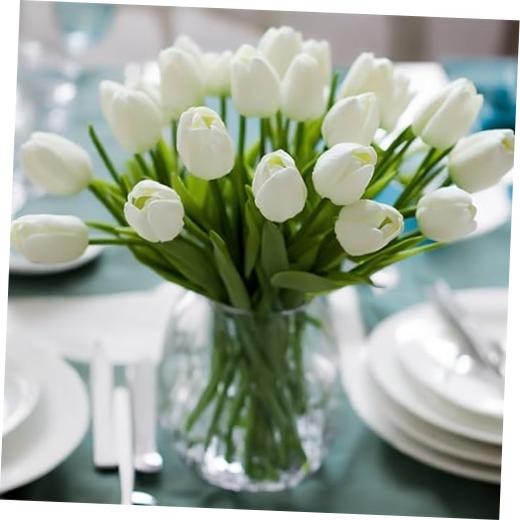 30pcs Real Touch Tulips PU Artificial Flowers – Fake Tulips for White