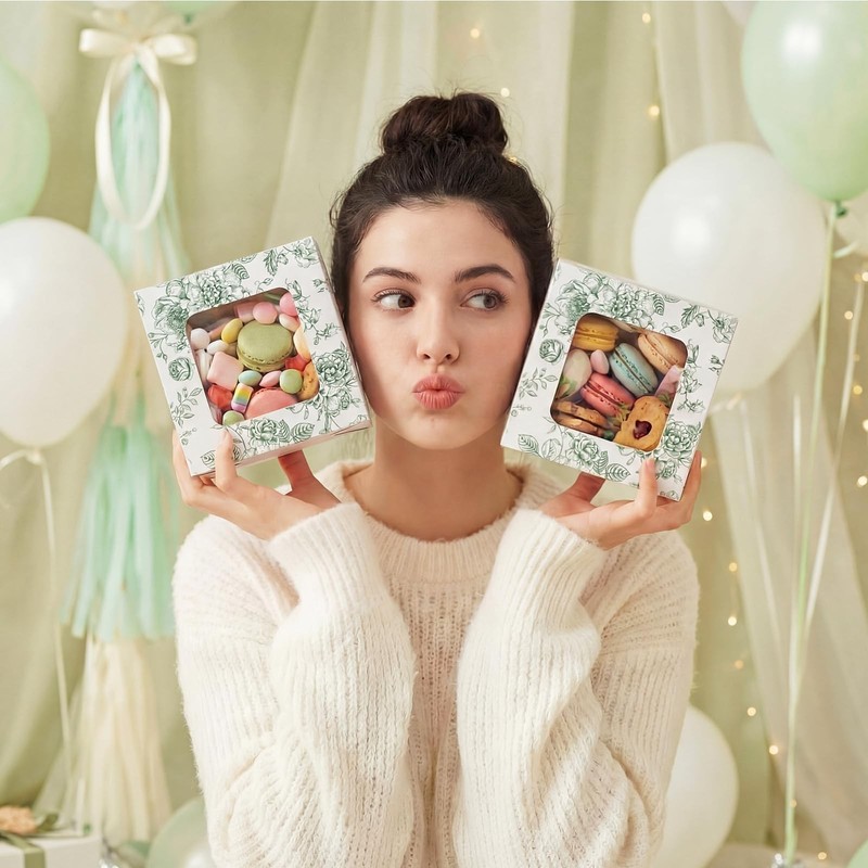 50 Pack Sage Green Floral Cookie Boxes with Window, Chinoiserie Small Bakery ... gallery