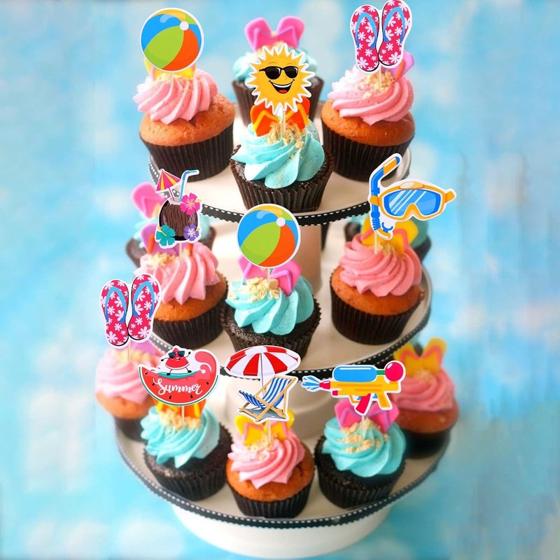 32 PCS Summer Beach Pool Cupcake Toppers Ball Sun Umbrella Diving Goggles gallery