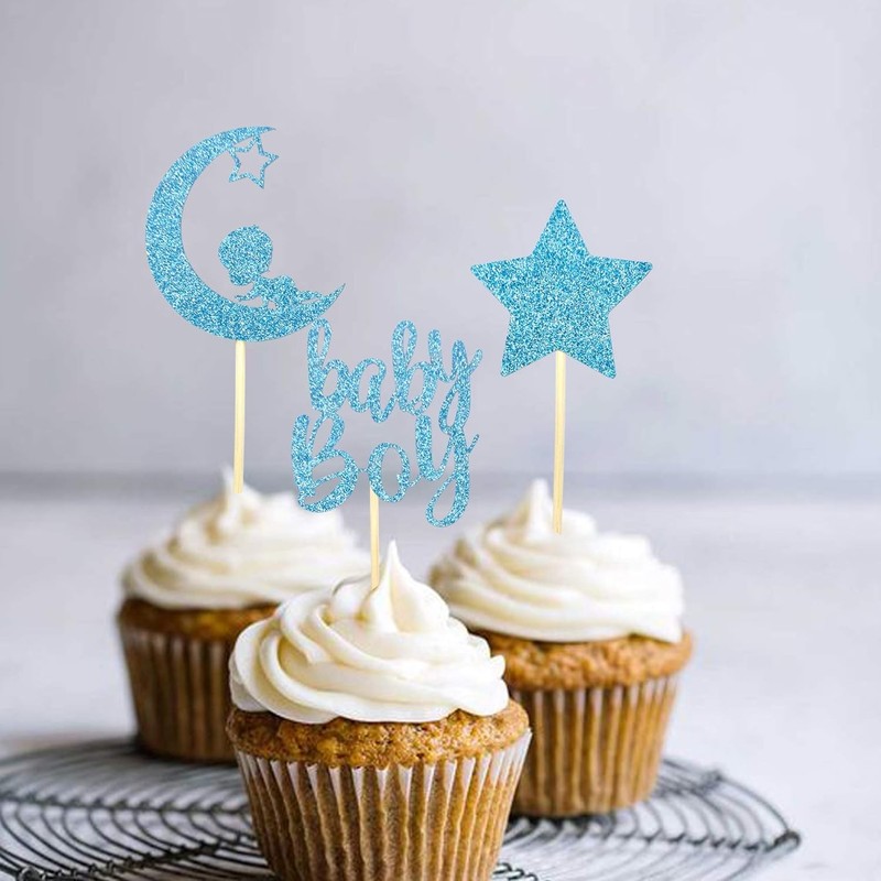 24 PCS Baby Shower Boy Cupcake Toppers with Moon Star Blue Glitter Cupcake Picks gallery