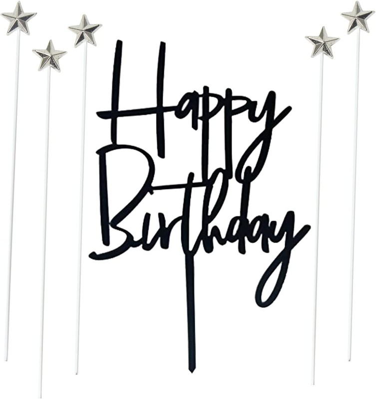 Set of 1 Black Acrylic Happy birthday Cake Topper,5 pcs silvery Star Cake