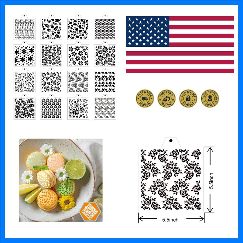 Stencil Genie 16 Pcs 5.5×5.5in Baking Stencils for Royal Icing, Airbrush; Sug…
