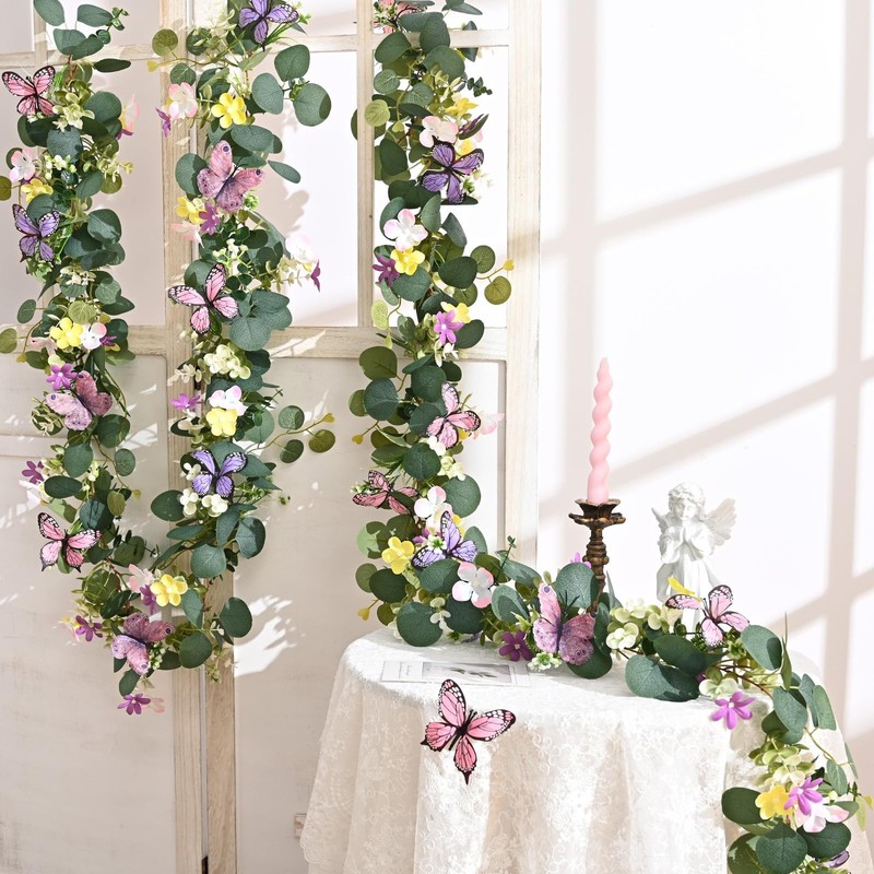 Waipfaru 4Pcs Eucalyptus Garland Daisy 3D Butterfly Green Garland Flowers 5.9Ft gallery