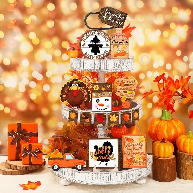 15 Pcs Thanksgiving Tiered Tray Decorations Set Fall Orange gallery