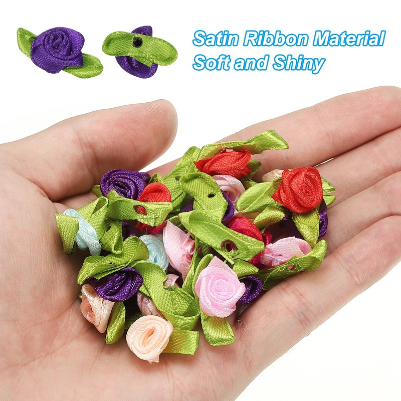 Mini Ribbon Roses, 100 Pcs Tiny Satin Fabric Flowers with Green Leaves, Purple gallery