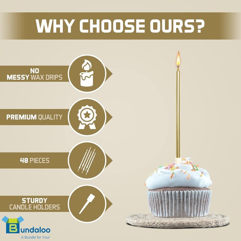 Gold Birthday Candles for Cake - Set of 48 with Plastic Holders - 5.5" Long, gallery